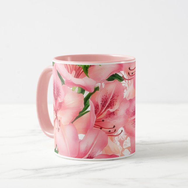 Vintage Style Lily Flowers Pink Mug Cup (Front Left)