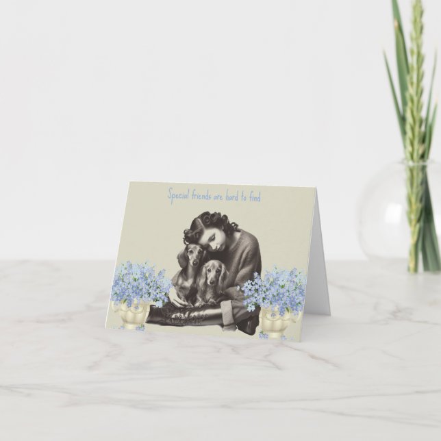 Vintage Style Long Hair Dachshund Card (Front)