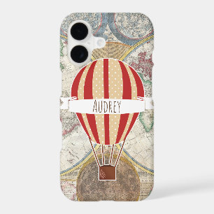 Vintage Style Map Red Hot Air Balloon