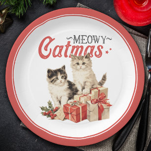 Vintage Style Meowy Catmas Cat Christmas Paper Plate