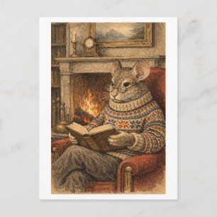 Vintage-Style Mouse Reading a Book Postcard