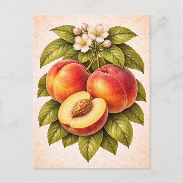 Vintage-Style Peach Botanical Illustration Postcard (Front)