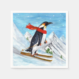 Vintage Style Penguin Downhill Skiing Napkin