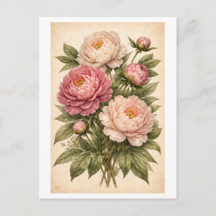 Vintage-Style Peony Botanical Illustration Postcard