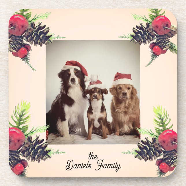 Vintage Style Pine Cone & Berries Christmas Photo  Coaster (Front)