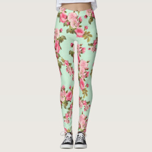 Vintage Style Pink and Green Floral Leggings
