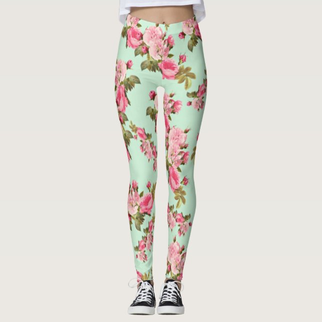 Vintage Style Pink and Green Floral Leggings (Front)