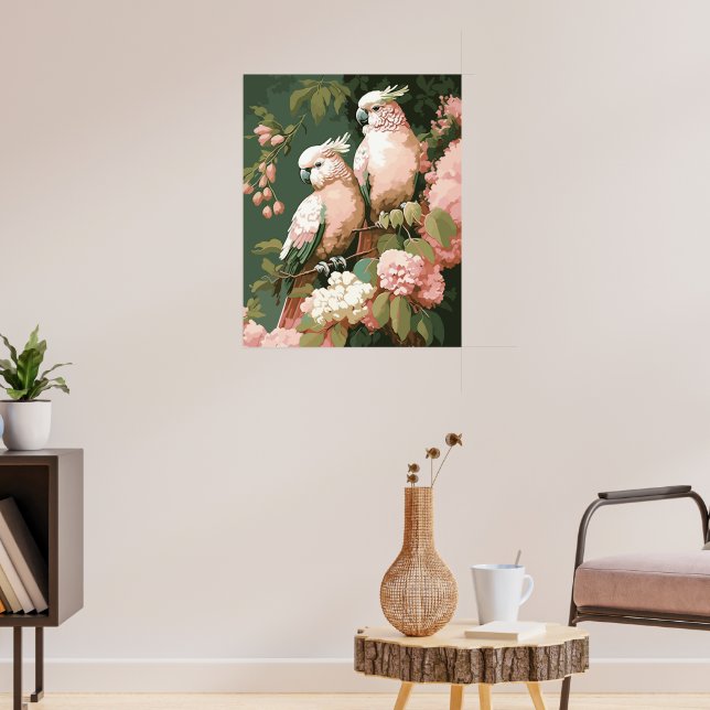 Vintage Style Pink Cockatoos With Cherry Blossoms Poster (Living Room 3)