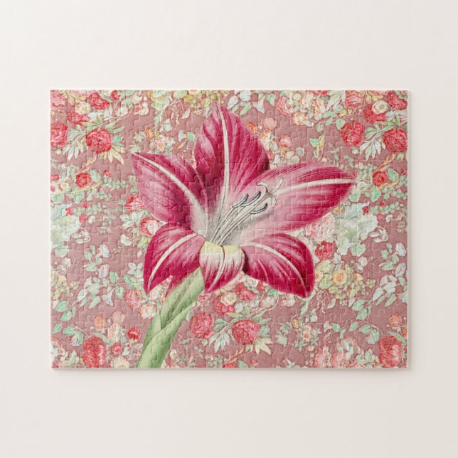 Vintage Style Pink Lily Pink Floral Puzzle (Horizontal)