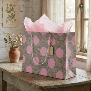 Vintage Style Pink Polka Dots on Burlap Large Gift Bag