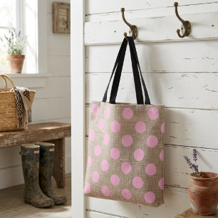 Vintage Style Pink Polka Dots on Burlap Tote Bag