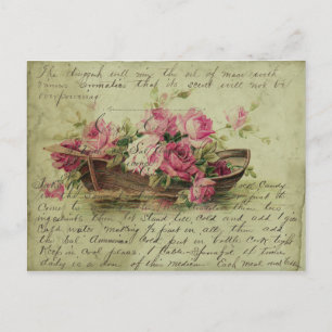 Vintage Style Pink Roses and Boat Postcard