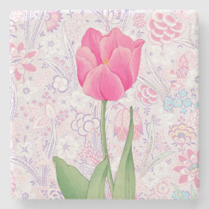 Vintage Style Pink Tulip Flower Art Stone Coaster
