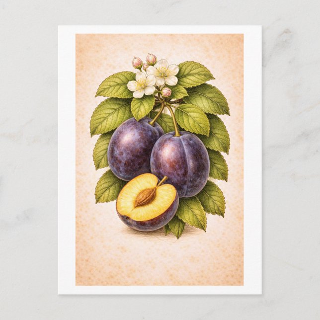 Vintage-Style Plum Botanical Illustration Postcard (Front)