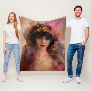 Vintage Style Portrait of Beautiful Woman in Pink Fleece Blanket