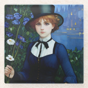 Vintage Style Pretty Dark Academy Girl Portrait Glass Coaster