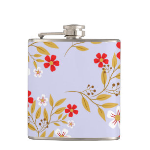 Vintage Style Pretty Red Flowers on Blue Pattern Hip Flask
