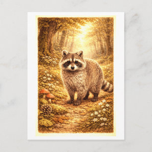 Vintage-Style Raccoon in Forest Illustration Postcard