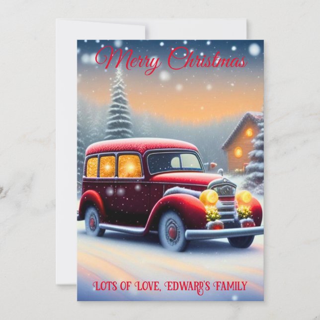 Vintage Style Red Car Merry Christmas Holiday Card (Front)