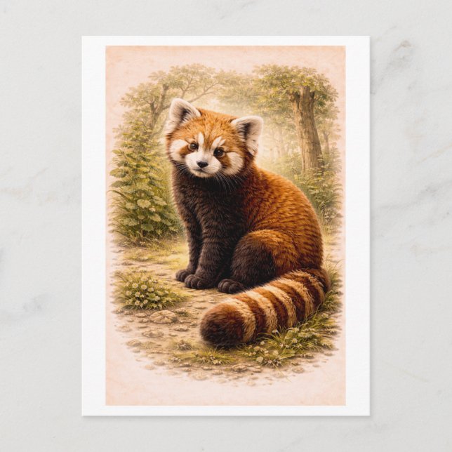 Vintage-Style Red Panda Illustration Postcard (Front)
