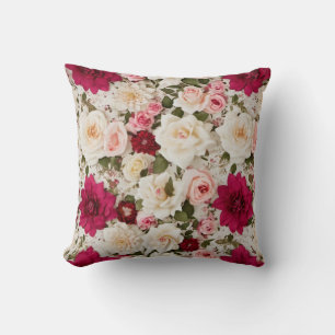 Vintage Style Red Pink and Cream Shabby Chic Roses Cushion