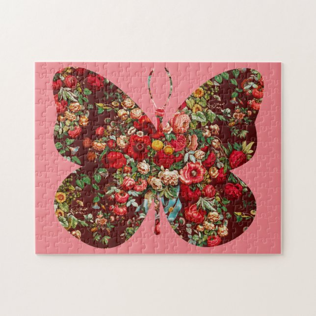 Vintage Style Rose Floral Pink Butterfly Puzzle (Horizontal)