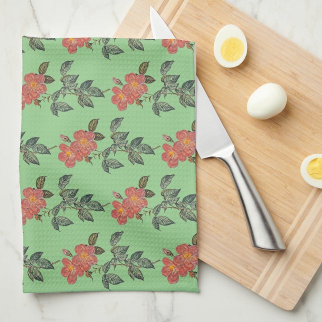 Vintage Style Rose Stem on Green Kitchen Towel (Quarter Fold)