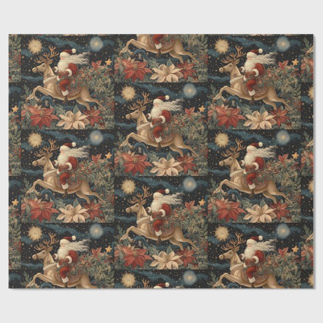 Vintage Style Santa Riding Reindeer Design Wrapping Paper (Flat)