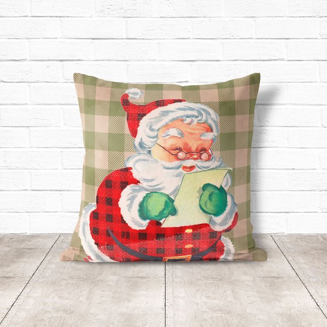 Vintage Style Santa Sage Green Plaid Christmas Cushion (Vintage Style Santa Sage Green Plaid Christmas Throw Pillow
)