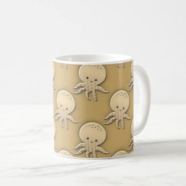 Vintage Style Sepia Baby Octopus Pattern Coffee Mug (Front Right)
