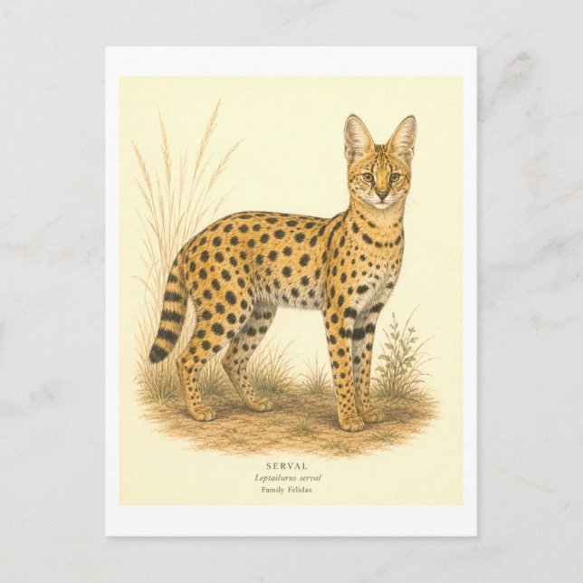 Vintage-Style Serval Illustration Postcard (Front)