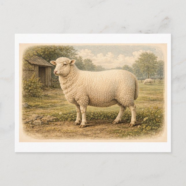 Vintage-Style Sheep Illustration Postcard (Front)