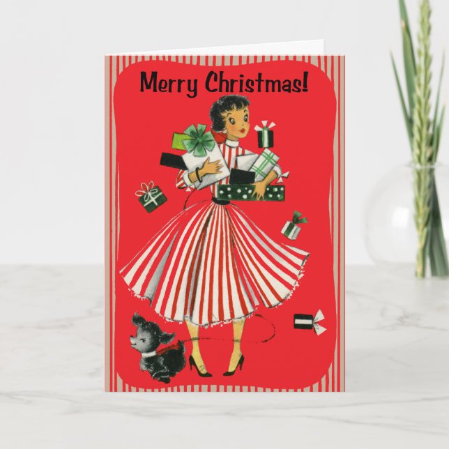 Vintage-Style Shopping Lady Christmas Card (Front)