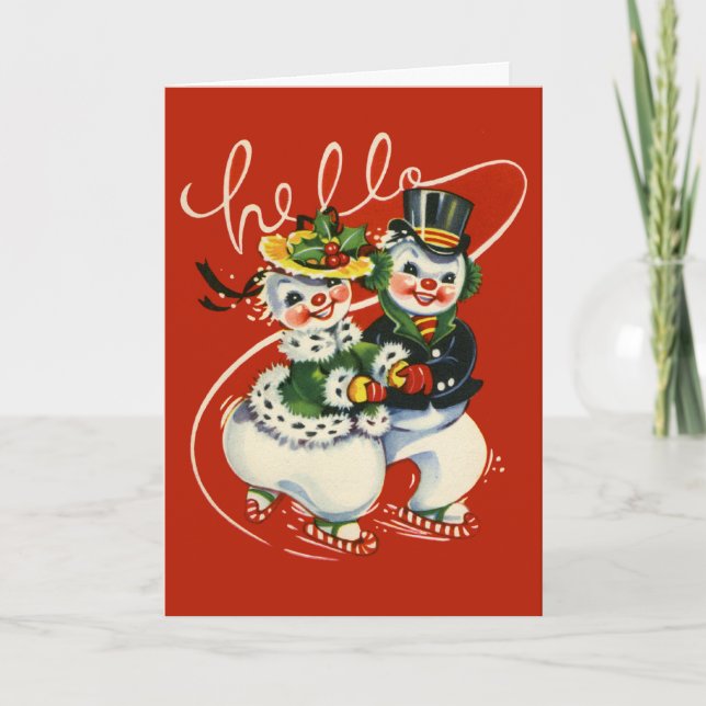 Vintage-Style Skating Snowmen Christmas Card (Front)