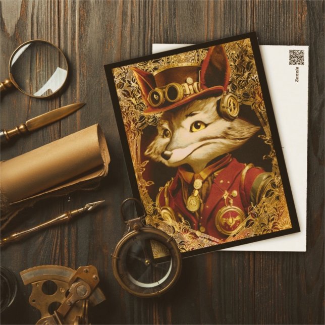 Vintage Style Steampunk Fox Postcard (Steampunk Fox postcard vintage style)
