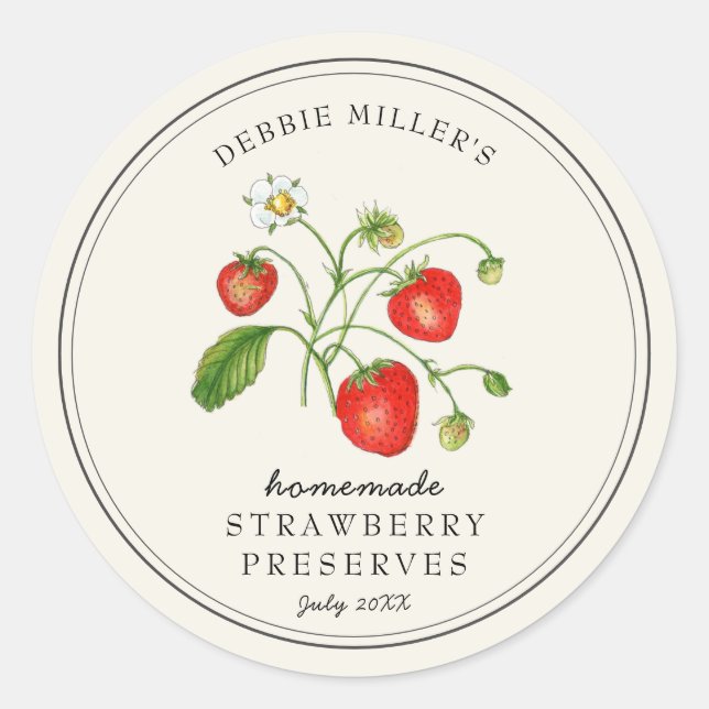 Vintage style Strawberry on off-white Jam jar Classic Round Sticker (Front)