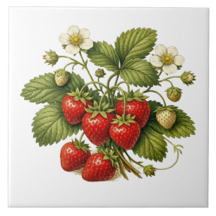 Vintage Style Strawberry Plant with Ripe Berries  Ceramic Tile