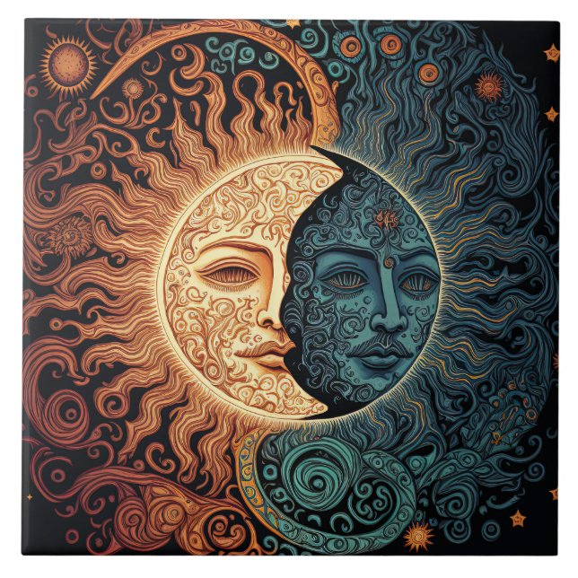 Vintage Style Sun and Moon Ceramic Tile (Front)
