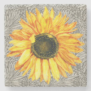 Vintage Style Sunflower Art Coaster Yellow Grey