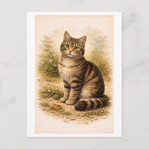 Vintage-Style Tabby Cat Illustration Postcard