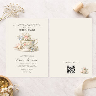 Vintage Style Tea Party QR Code Bridal Shower Invitation