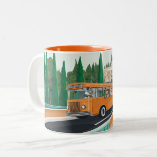 vintage-style tourist bus with cheerful passengers Two-Tone coffee mug
