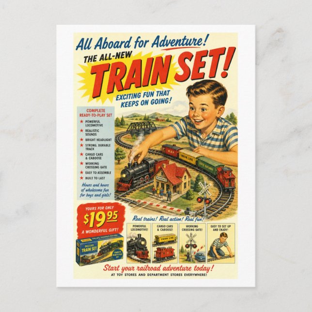 Vintage-Style Train Set Advertisement Postcard (Front)