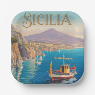 Vintage Style Travel Poster for Sicilia Italy Paper Plate