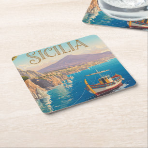 Vintage Style Travel Poster for Sicilia Italy Square Paper Coaster