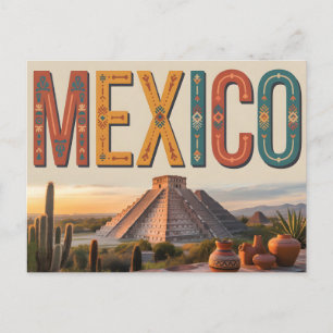 Vintage Style Travel Poster of Mexico with Pyramid Holiday Postcard