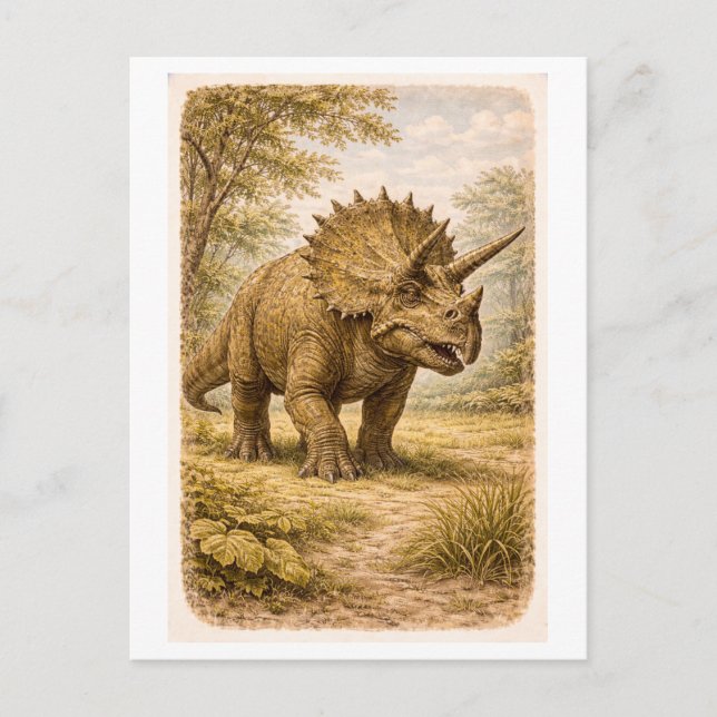 Vintage-Style Triceratops lllustration Postcard (Front)
