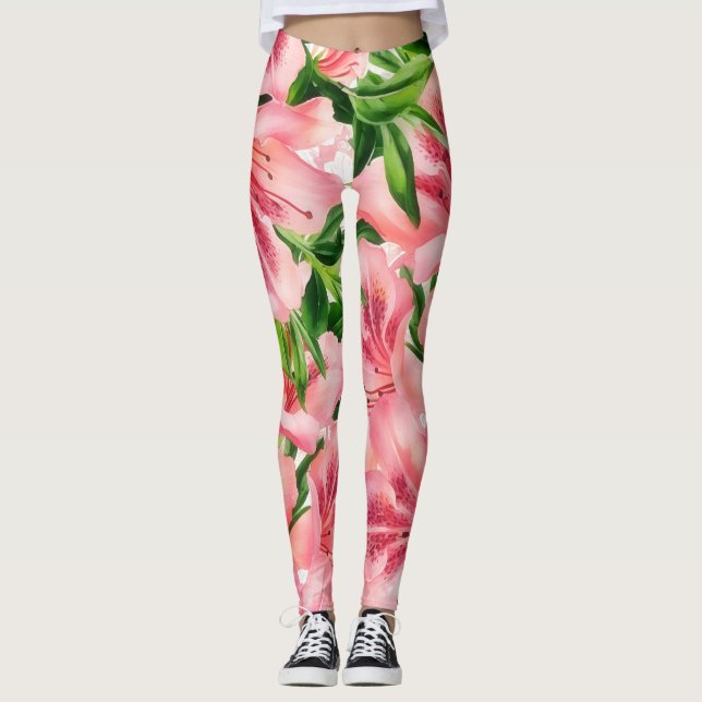 Vintage Style Tropical Flower Art Lily Leggings (Front)
