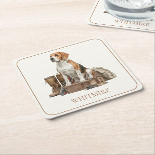 Vintage Style Watercolor Hunting Hound Dog Square Paper Coaster