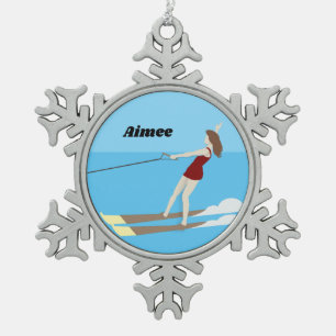 Vintage-style Waterski Snowflake Pewter Christmas Ornament
